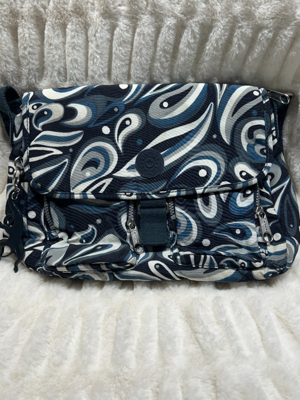 Kipling Blue Print Nylon Crossbody Bag 14”X 11” Monkey Triple Zippers EUC